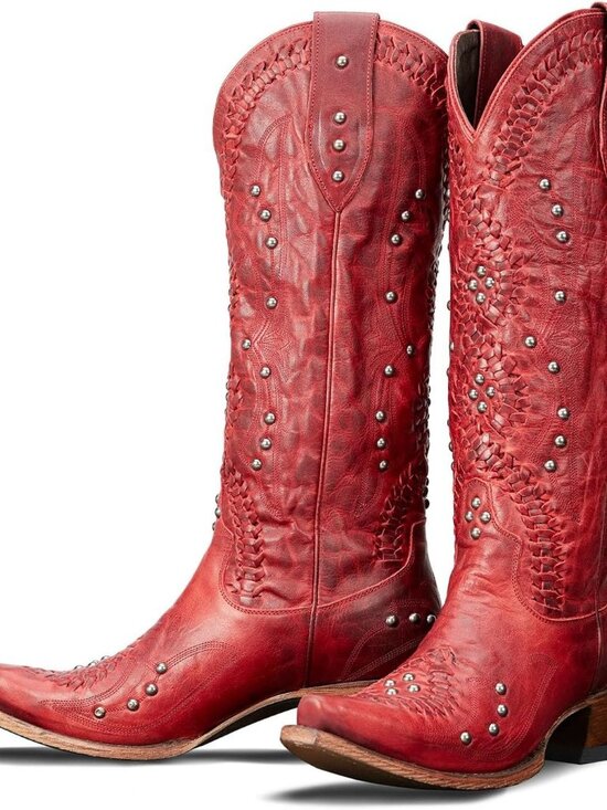 Shoes - Women's Red Leather Pointed Toe Chunky Heel Pull on Zipper Cowboy Boot
